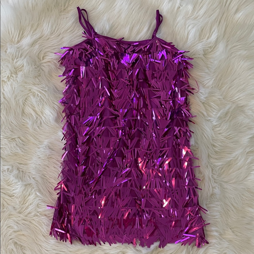 Shimmery Magenta Sequin Fringe Tank Dress